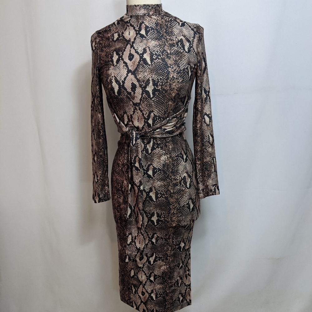 Snakeskin Bodycon Mock Neck Long Sleeved Dress - Picture 7 of 8